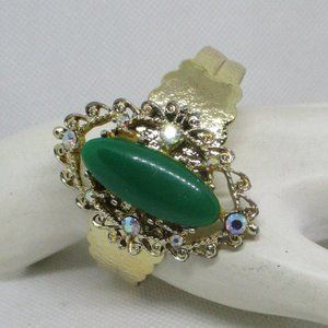 Vtg Cabochon AB Rhinestone Cuff Bracelet Large Green Pear-Shaped Faux Gemstone